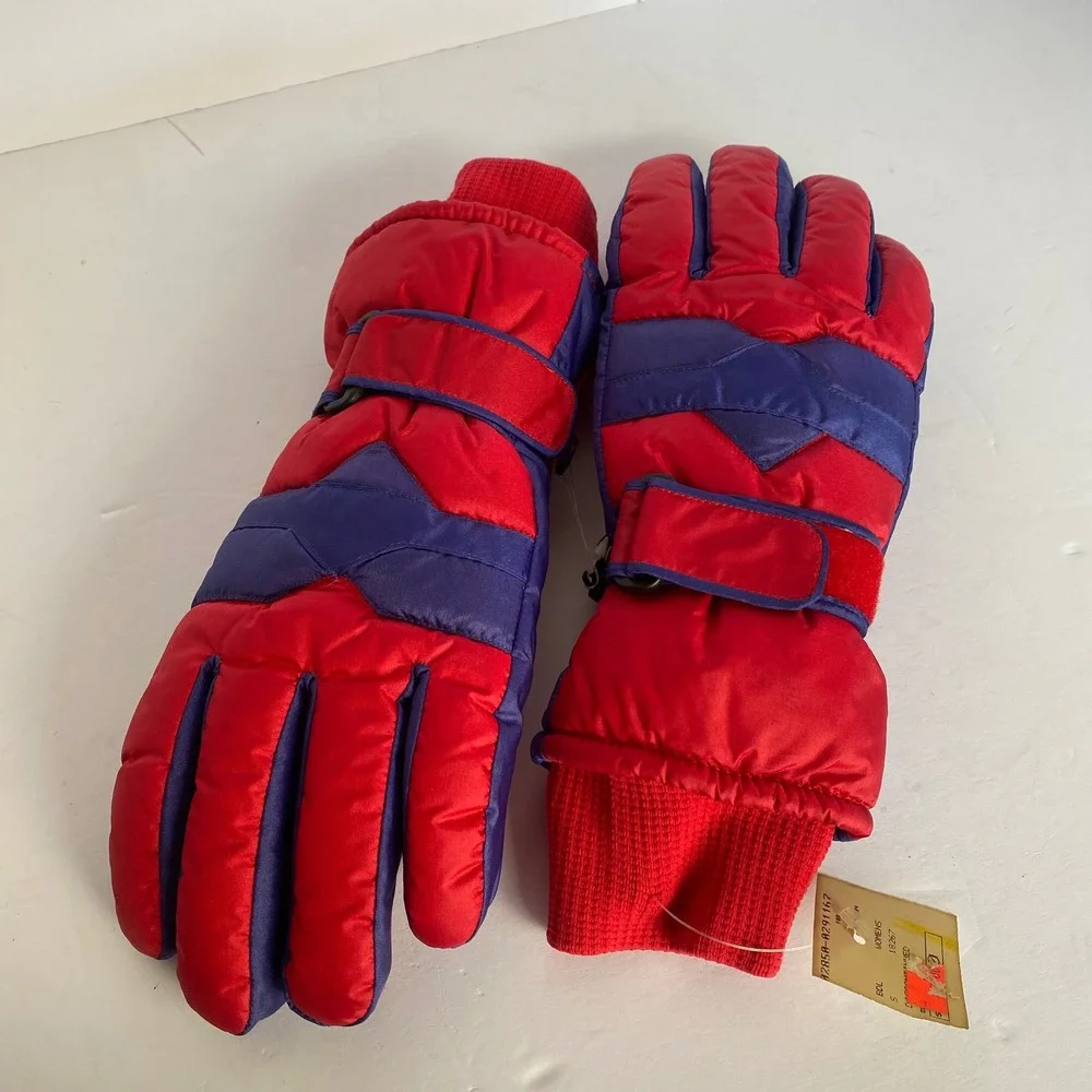 Lands' End Ski Gloves Womens Small Red Blue New Vintage Thinsulate Leather Palm